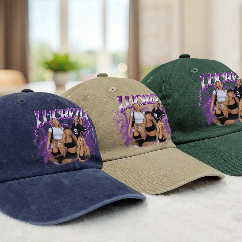 Custom Photo, Anniversary, Art Design, Gift For Couples, Playful, Photo Collage - Custom Photo Collage Bootleg Portrait For Couple Bestie Family - Personalized Vintage Washed Denim Cap