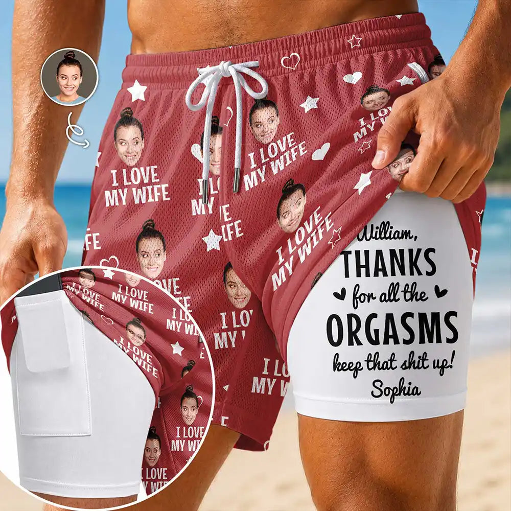 Gift For Husband, Humorous, Beach, Custom Photo, Summer, Gift For Couples, Cut-Face Photo, Custom Text - Custom Photo I Love My Wife Thanks For All The Orgasms - Personalized Swim Trunks With Liner