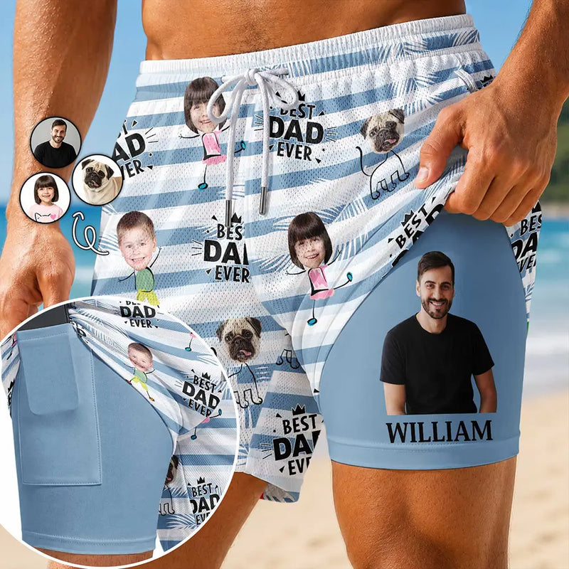 Adorable,Gift For Father,Beach,Custom Photo,Summer,Cut-Face Photo,Icon - Custom Photo Best Dad Grandpa Funny Face With Kids - Personalized Swim Trunks With Liner
