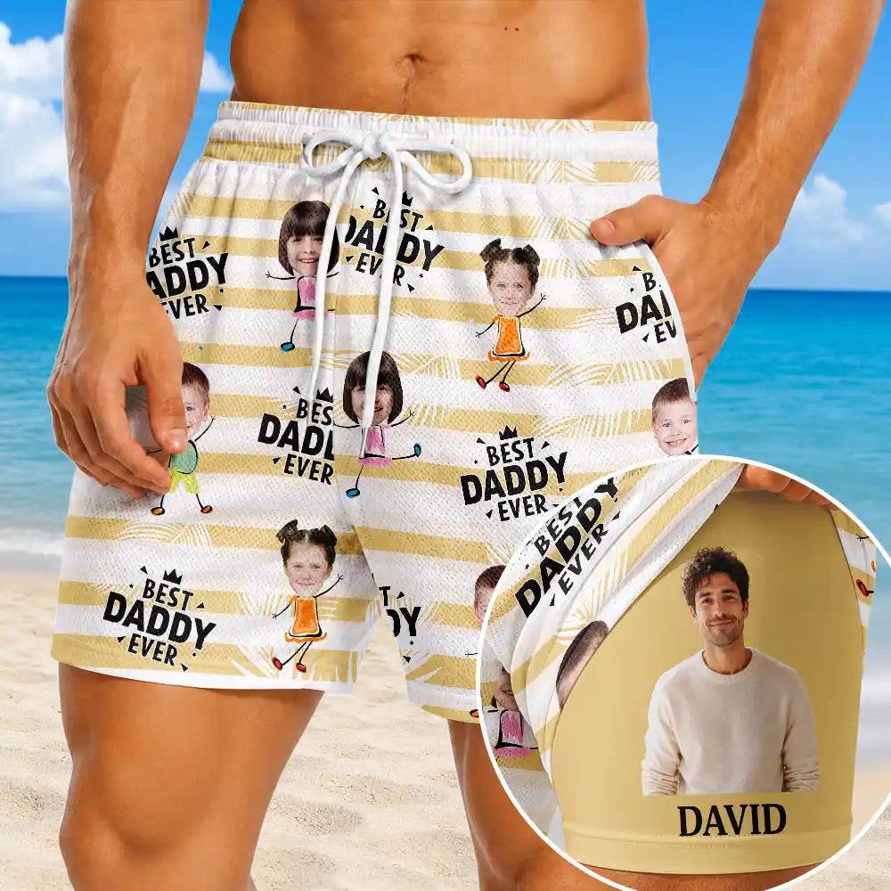 Adorable,Gift For Father,Beach,Custom Photo,Summer,Cut-Face Photo,Icon - Custom Photo Best Dad Grandpa Funny Face With Kids - Personalized Swim Trunks With Liner