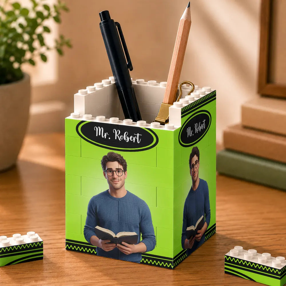 Art Design,Teacher,Confident,Back To School,Photo - Cartoon Portrait - Custom Photo Cartoon Portrait Teacher With Colorful Crayon - Personalized Building Block Pen Holder