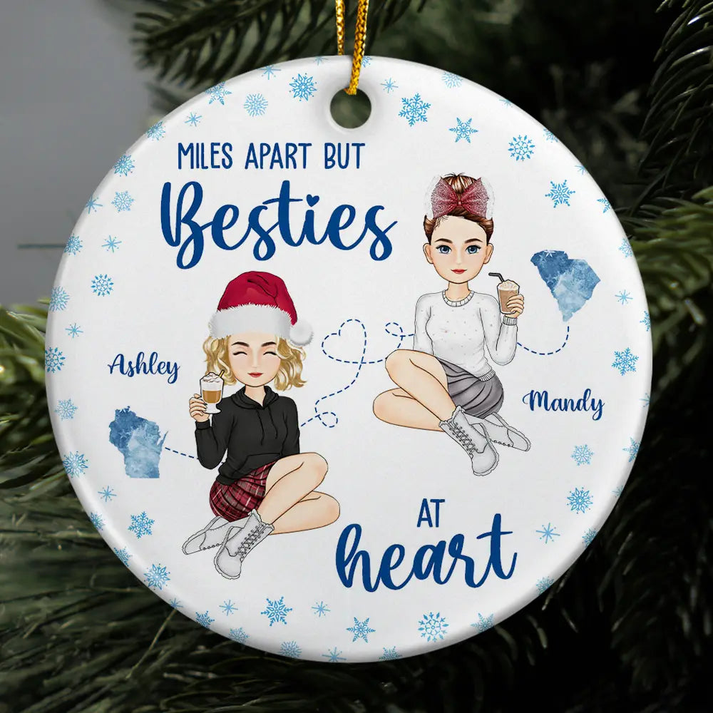 Miles Apart But Besties At Heart Long Distance - Personalized Circle Ceramic Ornament