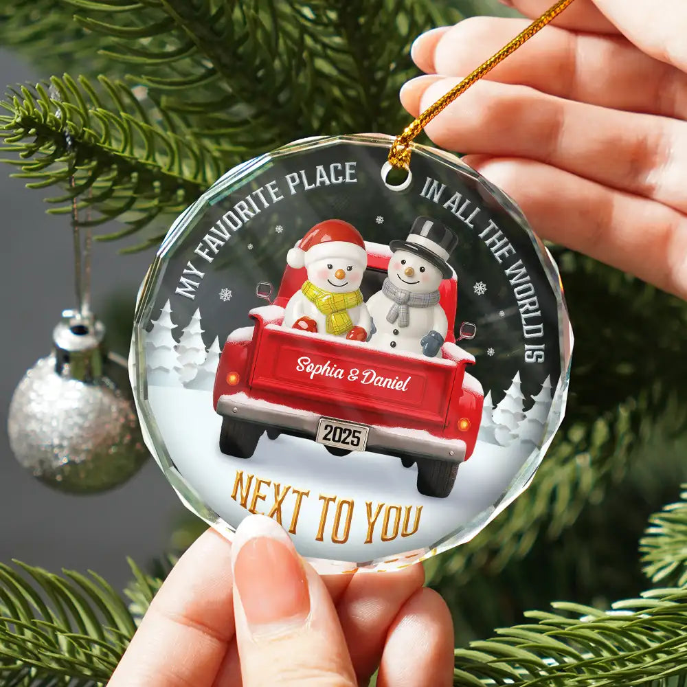 Gift For Couples,Old Couples,Gift For Women,Gift For Men,Gift For Husband,Gift For Wife,Love,Christmas,Gift For Boyfriend,Gift For Girlfriend - My Favorite Place In All The World Snowman Ceramic Effect - Personalized Circle Glass Ornament