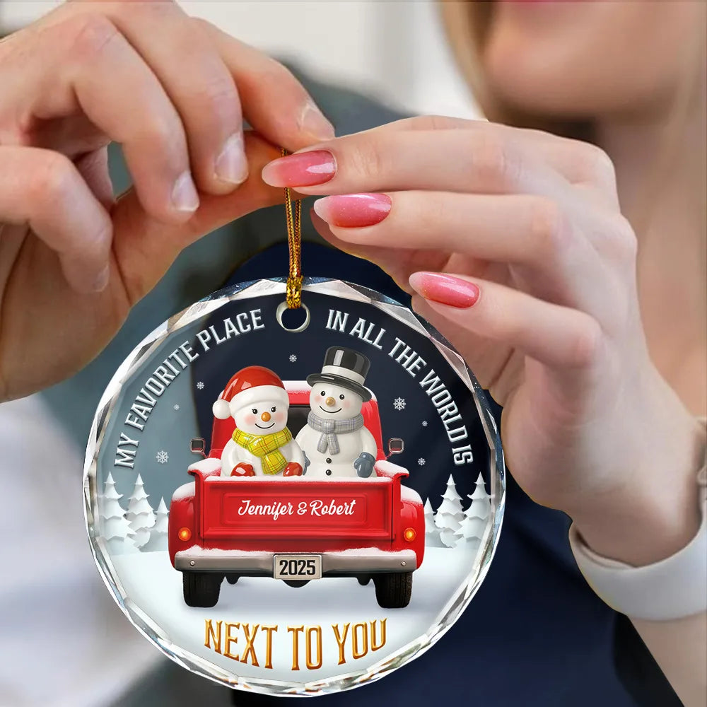 Gift For Couples,Old Couples,Gift For Women,Gift For Men,Gift For Husband,Gift For Wife,Love,Christmas,Gift For Boyfriend,Gift For Girlfriend - My Favorite Place In All The World Snowman Ceramic Effect - Personalized Circle Glass Ornament