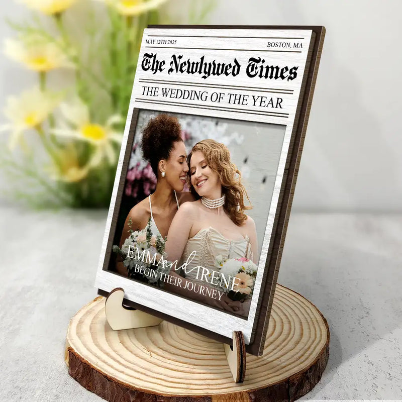 Gift For Couples,Wedding,Love,Gift For Women,Gift For Men,Gift For Wife,Gift For Husband,LGBT - Custom Photo The Wedding Of The Year Newlywed Couples - Personalized 2-Layered Wooden Plaque With Stand