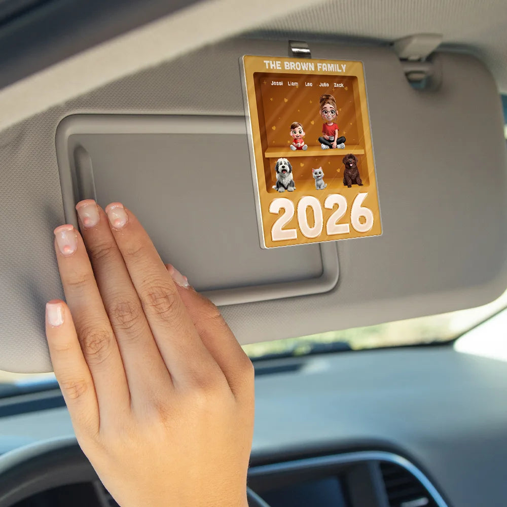 Family,Pet Lovers,Pet Mom,Pet Dad,Pet Couple,Dog Lovers,Dog Couple,Dog Mom,Dog Dad,Cat Lovers,Cat Mom,Cat Dad,Cat Couple,Happy,Single Mom,Single Dad,LGBT,Gift For Grandpa,Gift For Grandma,Gift For Grandkids - 3D Effect Cookies Family Sitting Together - Personalized Custom Shaped Acrylic Car Visor Clip