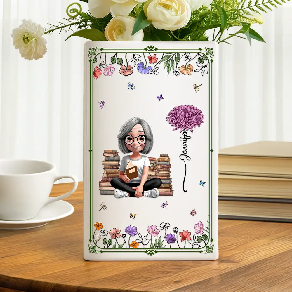 Gift For Yourself,Gift For Women,Reading,Happy,Gift For Men - 3D Effect Book Lovers Sitting With Birth Flowers - Personalized Ceramic Book Vase