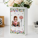 Gift For Yourself,Gift For Women,Reading,Happy,Gift For Men - 3D Effect Book Lovers Sitting With Birth Flowers - Personalized Ceramic Book Vase