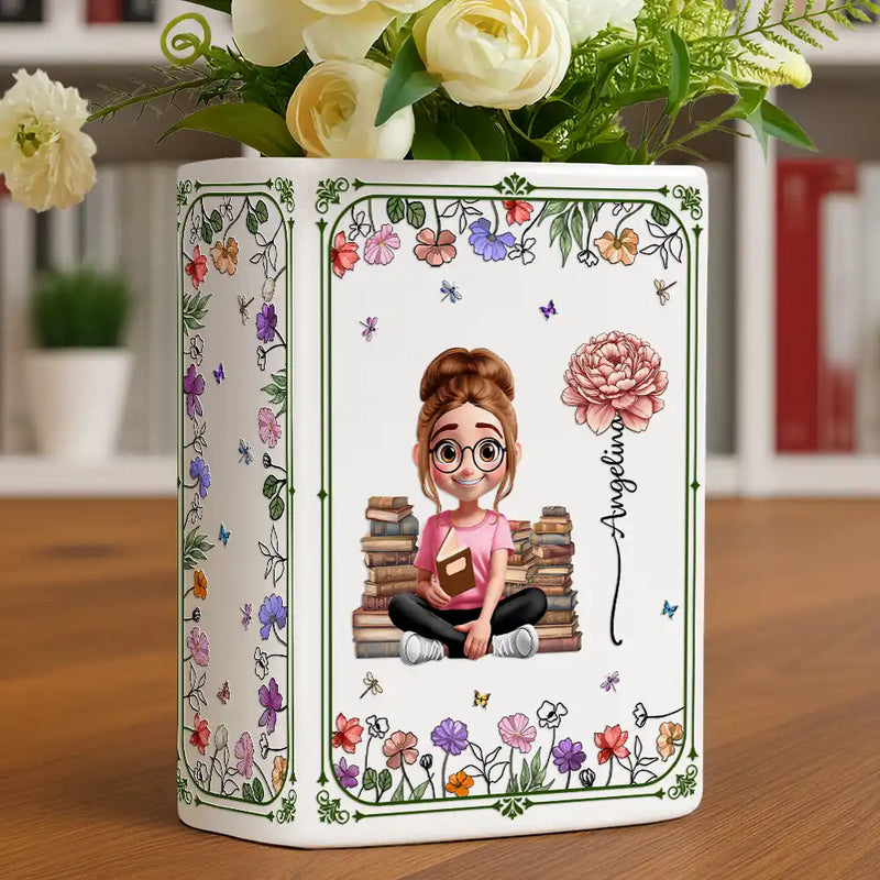 Gift For Yourself,Gift For Women,Reading,Happy,Gift For Men - 3D Effect Book Lovers Sitting With Birth Flowers - Personalized Ceramic Book Vase