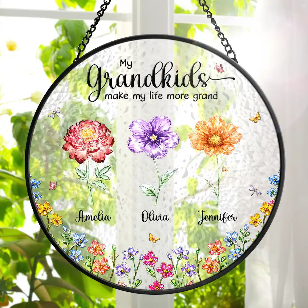 Crystal Effect Birth Flower Grandkids Make Life More Grand - Personalized Stained Glass Window Hanging Suncatcher