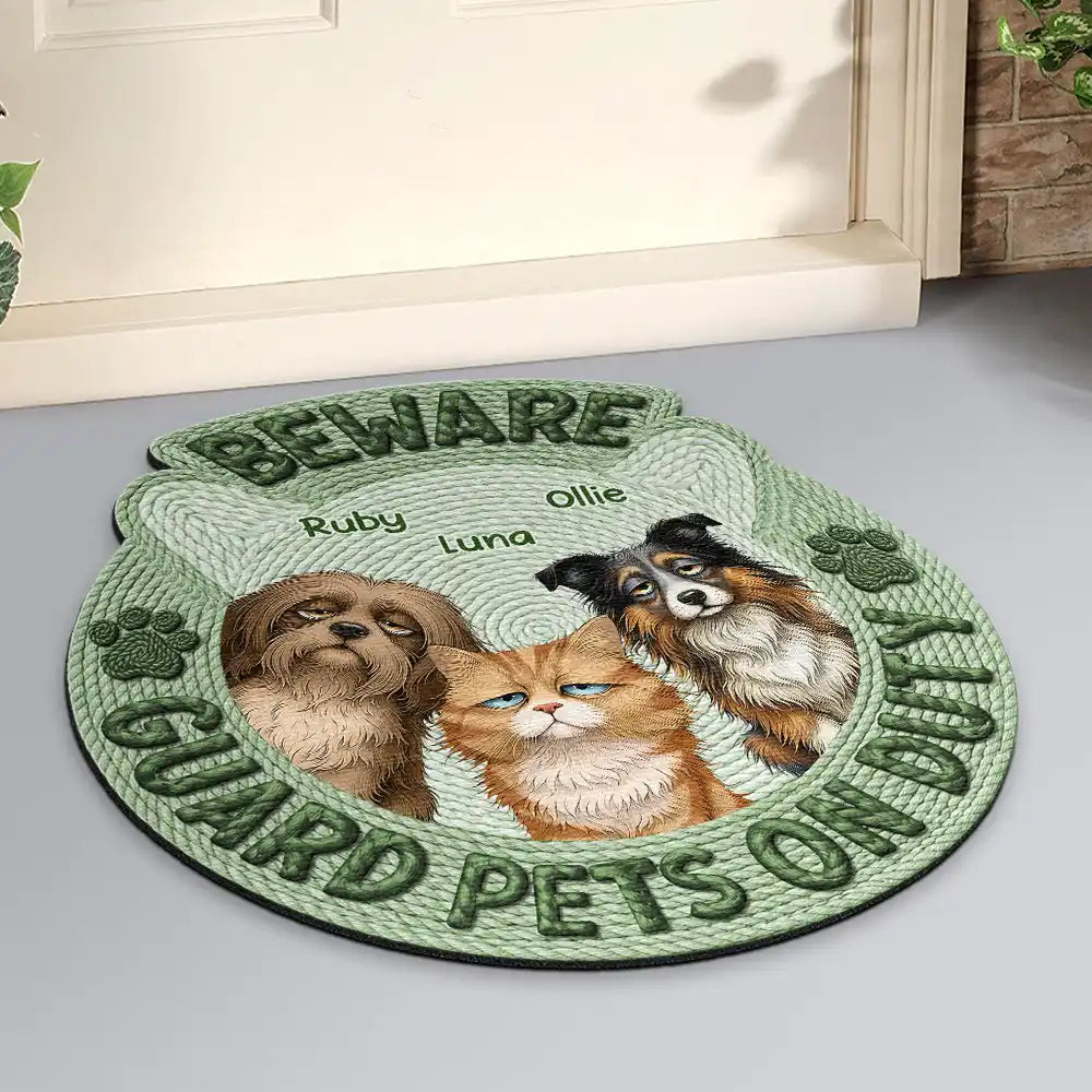 Pet Lovers,Pet Mom,Pet Dad,Pet Couple,Dog Lovers,Dog Mom,Dog Dad,Dog Couple,Cat Lovers,Cat Mom,Cat Dad,Cat Couple,Family,Happy,Top Market - Faux Embroidery Effect Beware Guard Dogs Cats On Duty - Personalized Custom Shaped Doormat