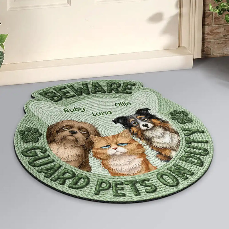 Pet Lovers,Pet Mom,Pet Dad,Pet Couple,Dog Lovers,Dog Mom,Dog Dad,Dog Couple,Cat Lovers,Cat Mom,Cat Dad,Cat Couple,Family,Happy,Top Market - Faux Embroidery Effect Beware Guard Dogs Cats On Duty - Personalized Custom Shaped Doormat