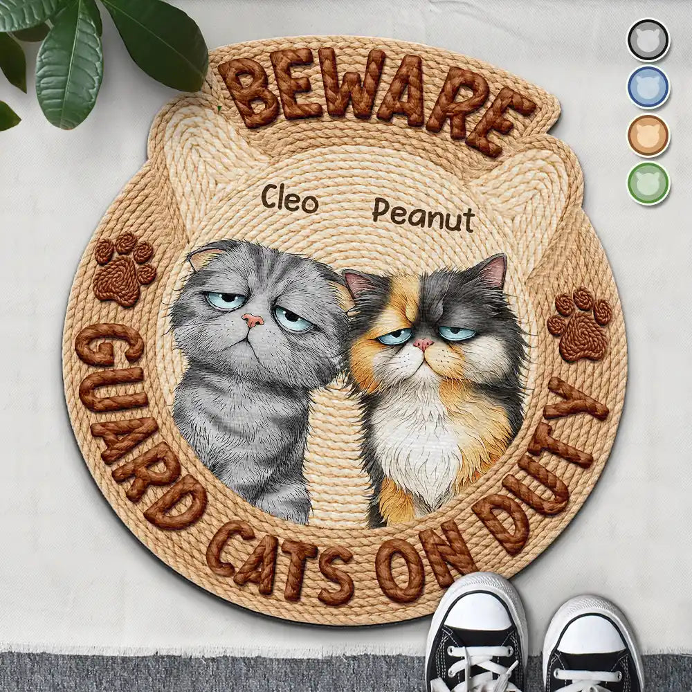 Pet Lovers,Pet Mom,Pet Dad,Pet Couple,Dog Lovers,Dog Mom,Dog Dad,Dog Couple,Cat Lovers,Cat Mom,Cat Dad,Cat Couple,Family,Happy,Top Market - Faux Embroidery Effect Beware Guard Dogs Cats On Duty - Personalized Custom Shaped Doormat