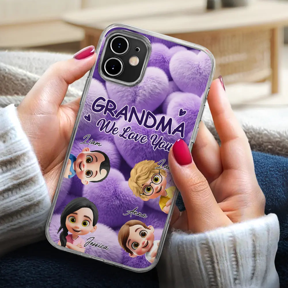 Gift For Grandma,Gift For Mother,Gift For Women,Happy,Vector - Realistic 3D Furry Effect Grandma Mom We Love You - Personalized Clear Phone Case