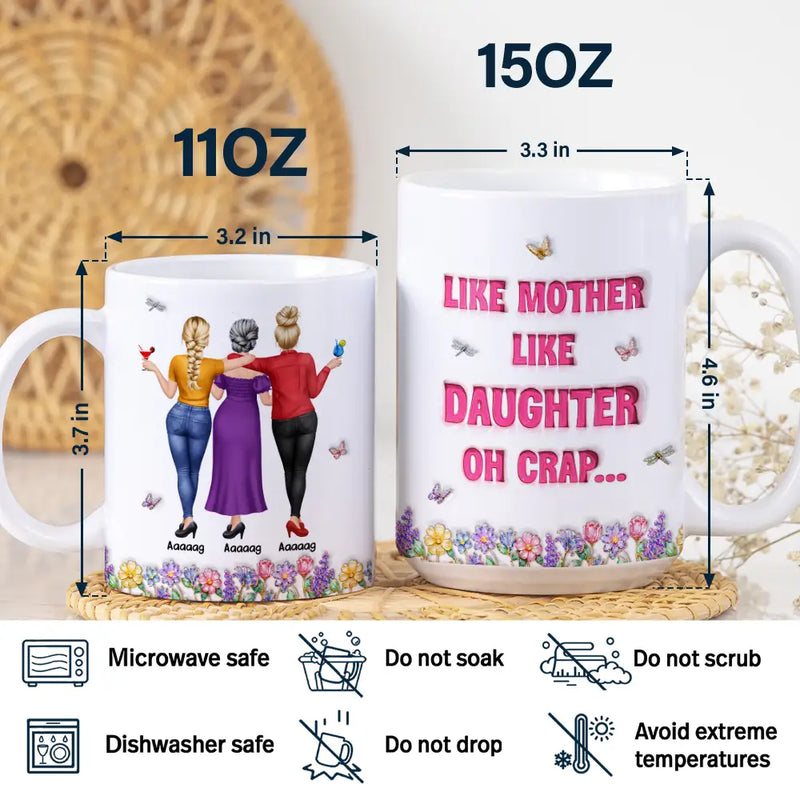 Mom - Daughters (Adult),Mom - Daughters (Young),Gift For Mother,Gift For Daughter,Gift For Women,Top Market,Top Market,Vector - 3D Effect Like Mother Like Daughter Oh Crap - Personalized White Edge-to-Edge Mug