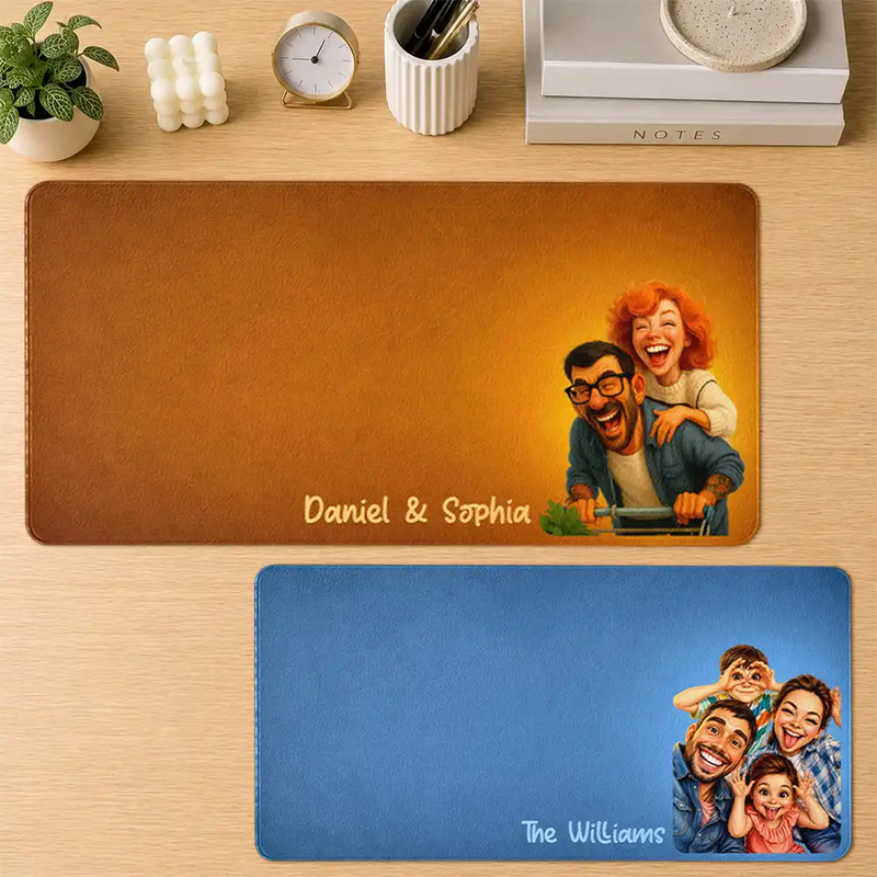 Gift For Couples,Gift For Husband,Gift For Wife,Gift For Women,Gift For Men,Gift For Grandpa,Gift For Bestie,Pet Lovers,Non-Eng,Photo - Caricature,Humorous - Custom Photo Caricature Funny Portrait Family Pet Couples Besties - Personalized Leather Desk Mat