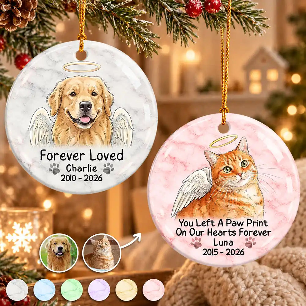 Christmas Gift For Dog Cat Lovers - Personalized Custom Photo Watercolor Forever Loved Circle Ceramic Ornament