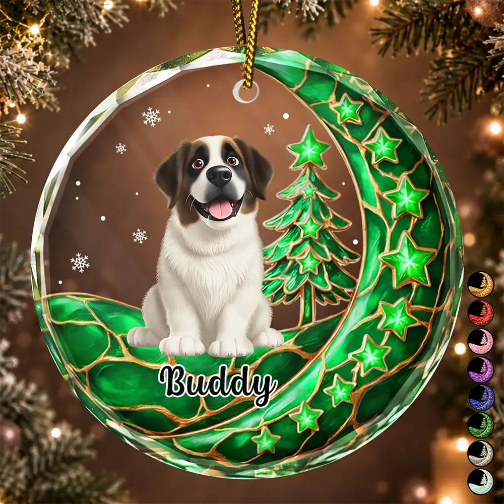 Pet Memorial Christmas Gift - Personalized Dog Cat Sitting On The Moon Circle Glass Ornament