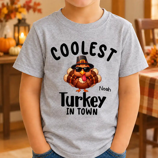 Gift For Kids,Icon,Playful,Thanksgiving - Thanksgiving Gift For Kids - Personalized Coolest Turkey In Town T Shirt
