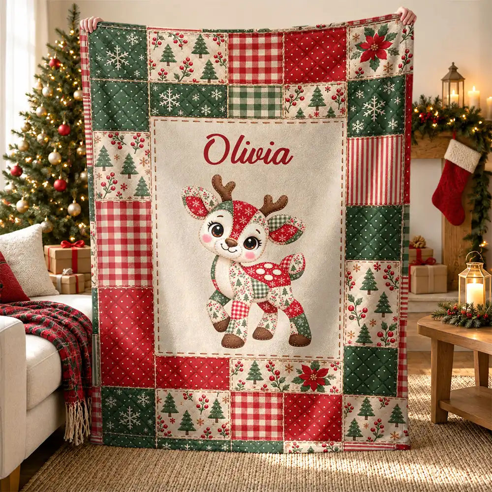 Adorable,Gift For Kids,Icon - Gift For Kids - Personalized Patchwork Animal And Name Vintage Quilt Print Fleece Blanket, Sherpa Blanket