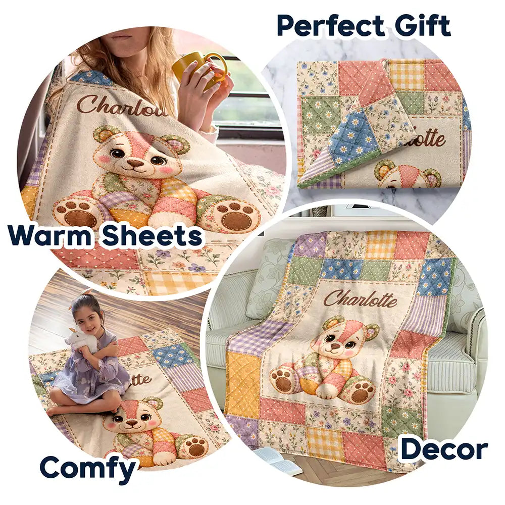 Adorable,Gift For Kids,Icon - Gift For Kids - Personalized Patchwork Animal And Name Vintage Quilt Print Fleece Blanket, Sherpa Blanket