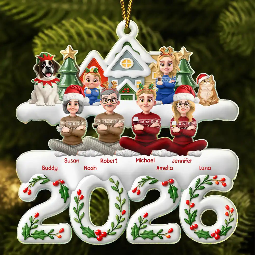 Christmas, Family, Sentimental, Top Market, Vector - Christmas Gift For Family - Personalized Cartoon Family And Pet Acrylic Ornament