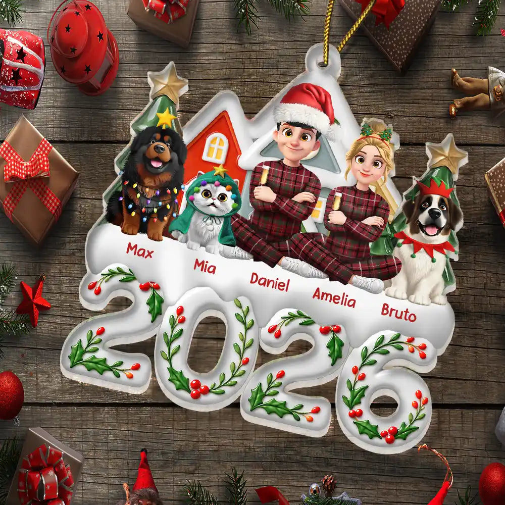 Christmas, Family, Sentimental, Top Market, Vector - Christmas Gift For Family - Personalized Cartoon Family And Pet Acrylic Ornament