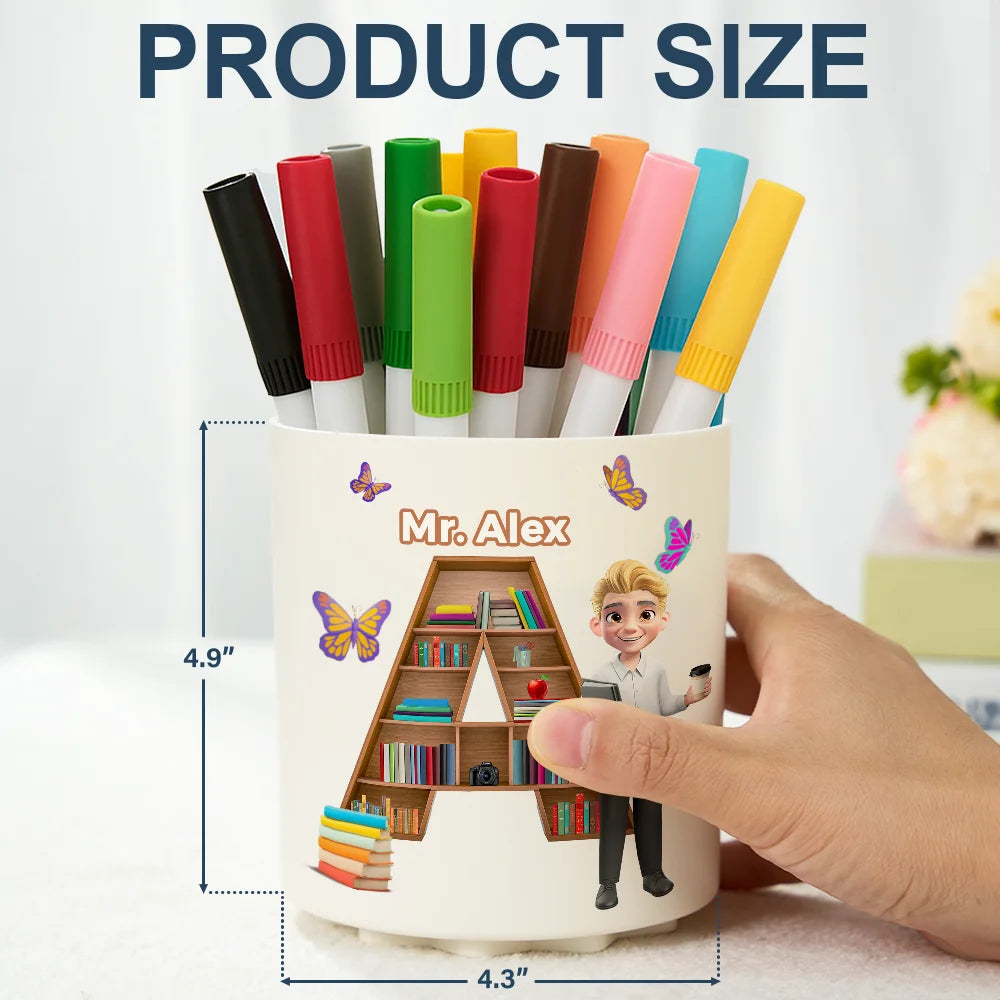 Teacher,Back To School - Teacher Alphabet Bookshelf Letter - Personalized Rotating Pen Holder