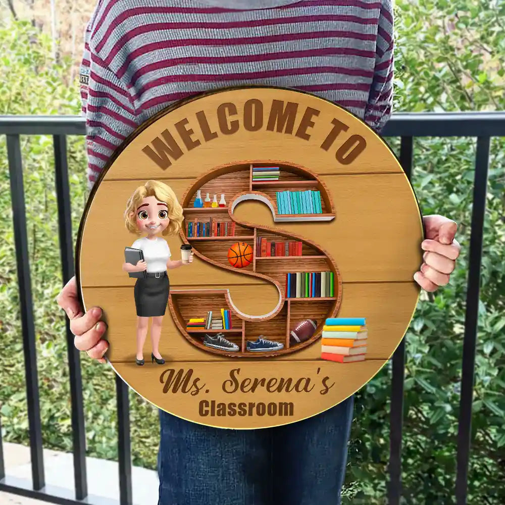 Teacher Alphabet Bookshelf Letter - Personalized Wood Circle Sign