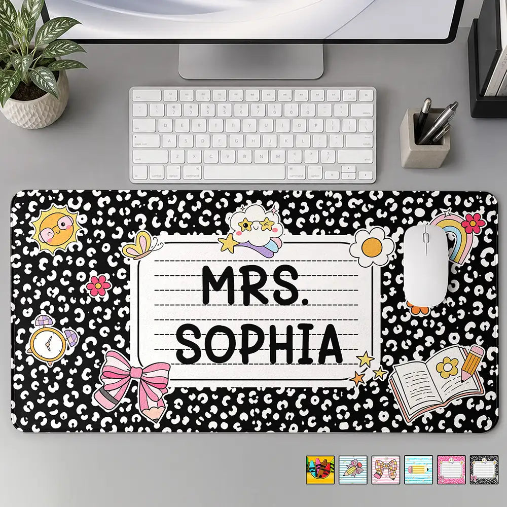 Back To School,Teacher,Adorable,Custom Text - Teacher Classroom Theme - Personalized Leather Desk Mat