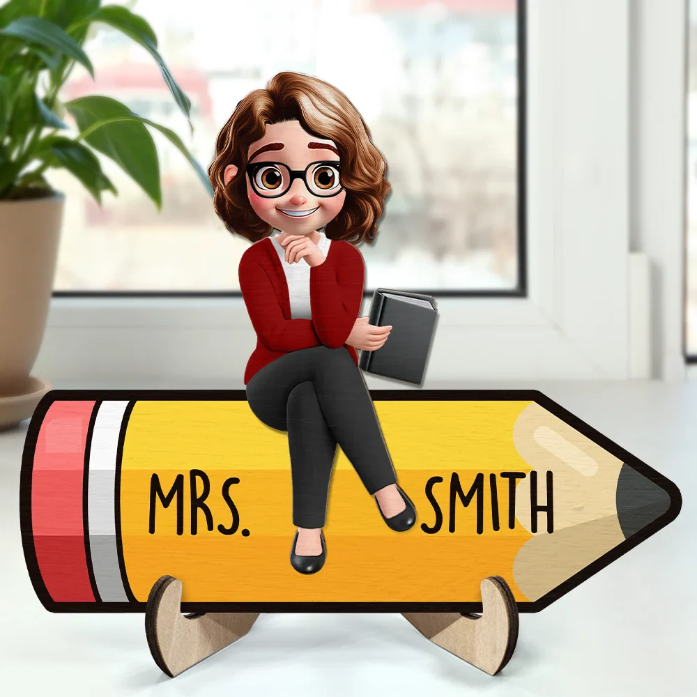 Teacher Sitting On The Pencil - Personalized 2-Layered Wooden Plaque With Stand