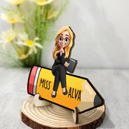 Teacher,Gift For Women,Gift For Men,Happy - Teacher Sitting On The Pencil - Personalized 2-Layered Wooden Plaque With Stand