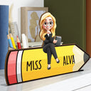 Teacher, Back To School, Happy - Teacher Sitting On The Pencil - Personalized Wooden Pen Pencil Holder