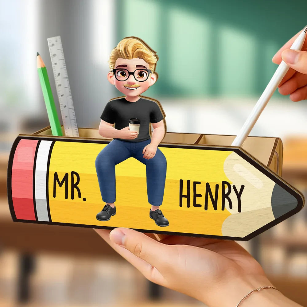 Teacher, Back To School, Happy - Teacher Sitting On The Pencil - Personalized Wooden Pen Pencil Holder