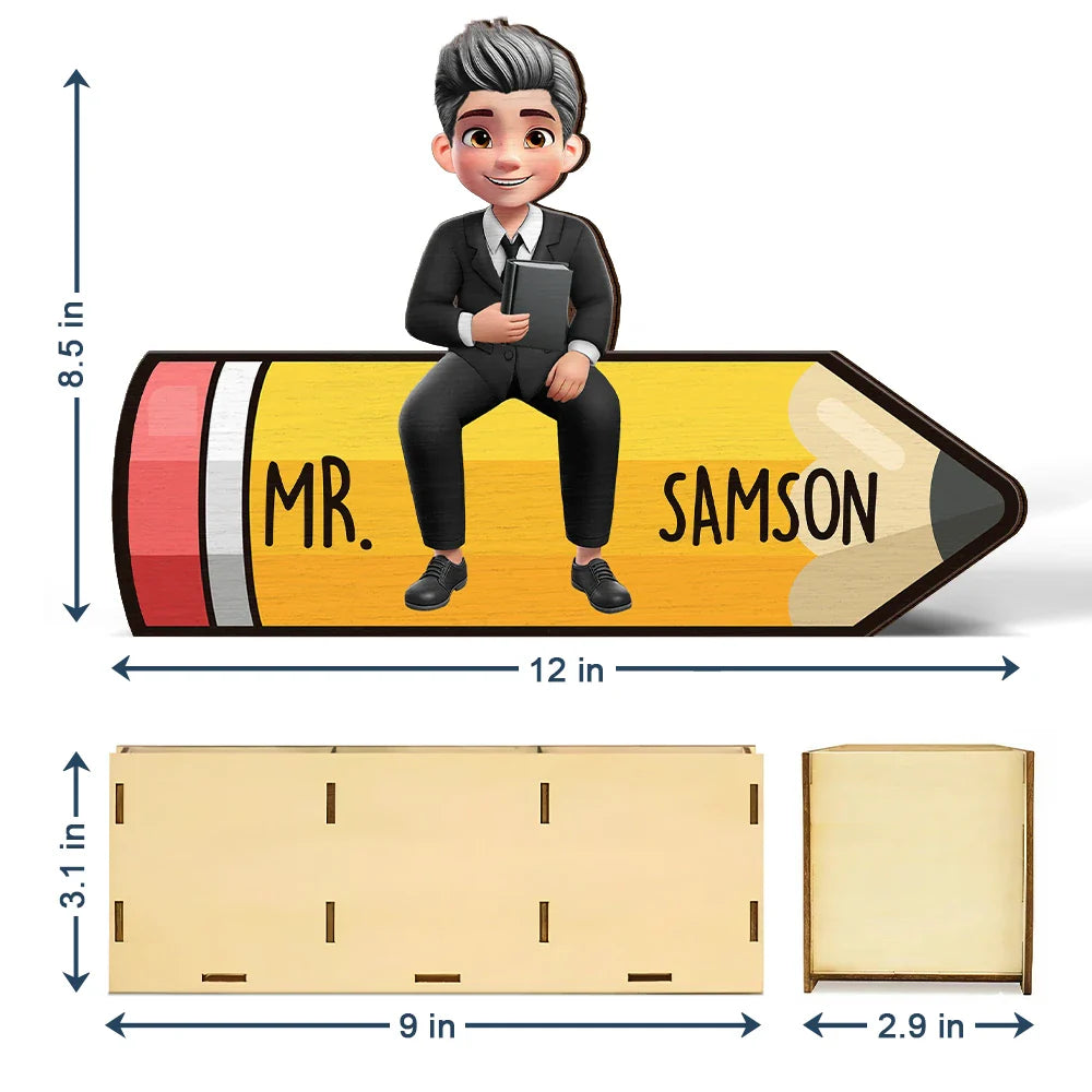Teacher, Back To School, Happy - Teacher Sitting On The Pencil - Personalized Wooden Pen Pencil Holder