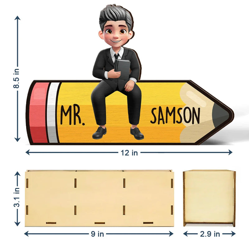 Teacher, Back To School, Happy - Teacher Sitting On The Pencil - Personalized Wooden Pen Pencil Holder