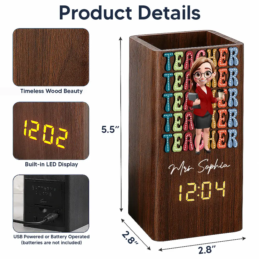 Grateful, Teacher, Back To School, Vector - Teaching Is A Heartfelt - Personalized Pen Holder With Clock
