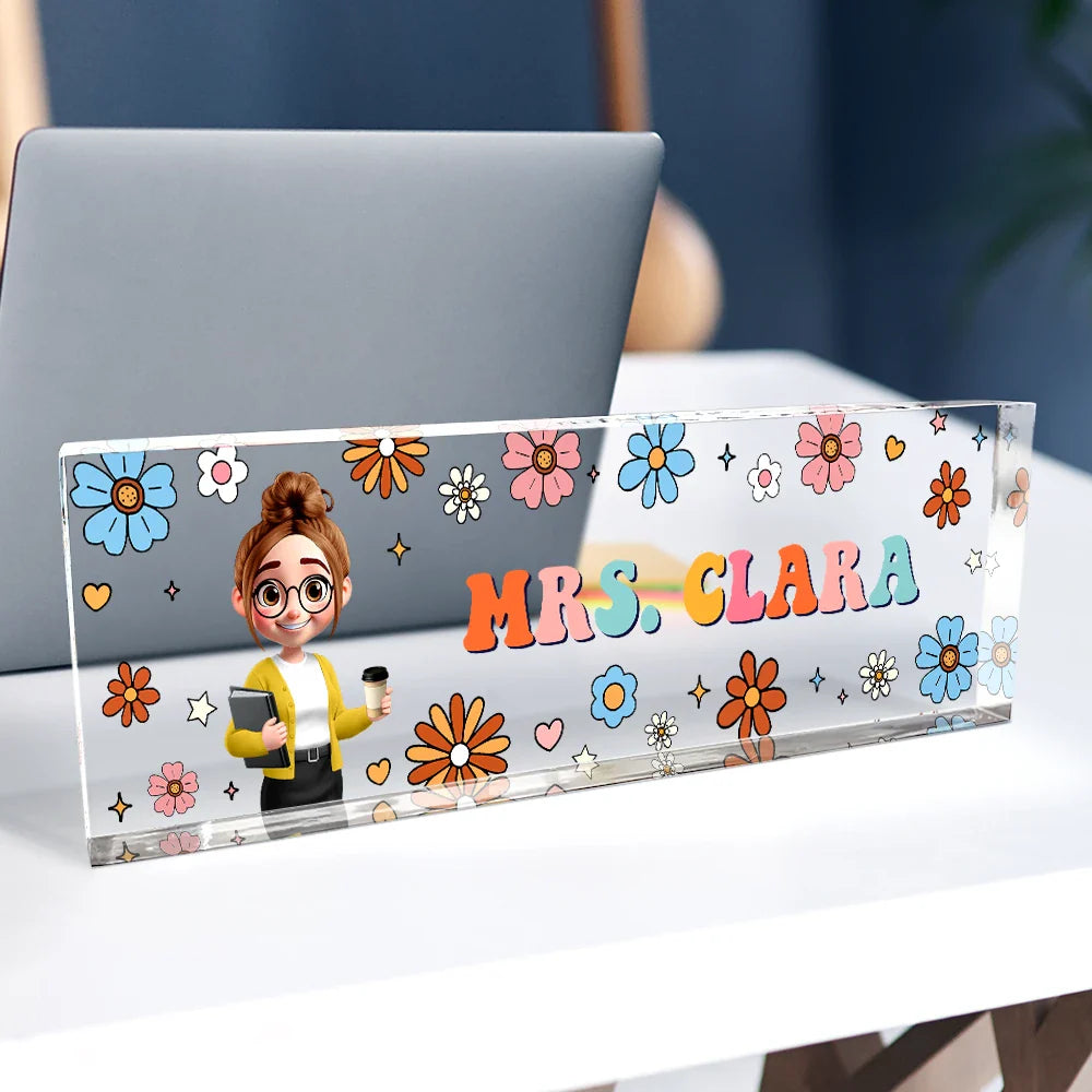 Teacher,Gift For Women,Happy,Back To School - Text Pattern Groovy Retro Teacher Name - Personalized Desk Name Plate
