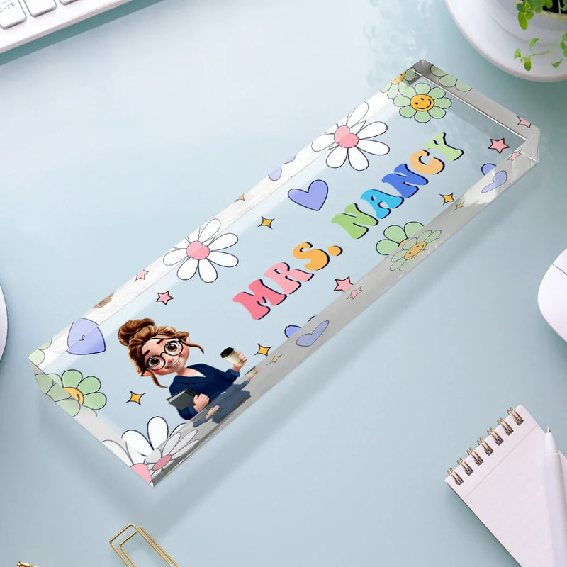 Teacher,Gift For Women,Happy,Back To School - Text Pattern Groovy Retro Teacher Name - Personalized Desk Name Plate