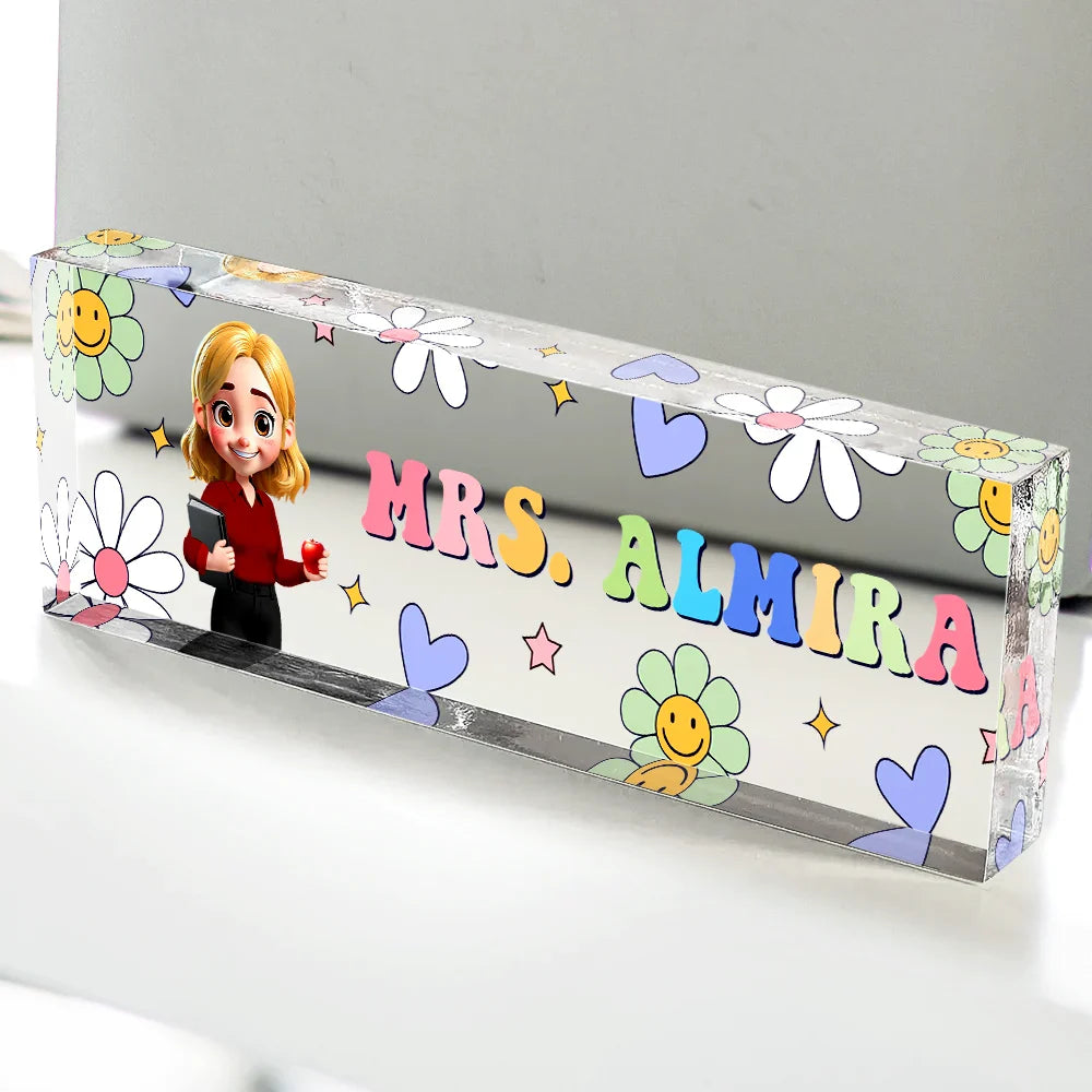Teacher,Gift For Women,Happy,Back To School - Text Pattern Groovy Retro Teacher Name - Personalized Desk Name Plate
