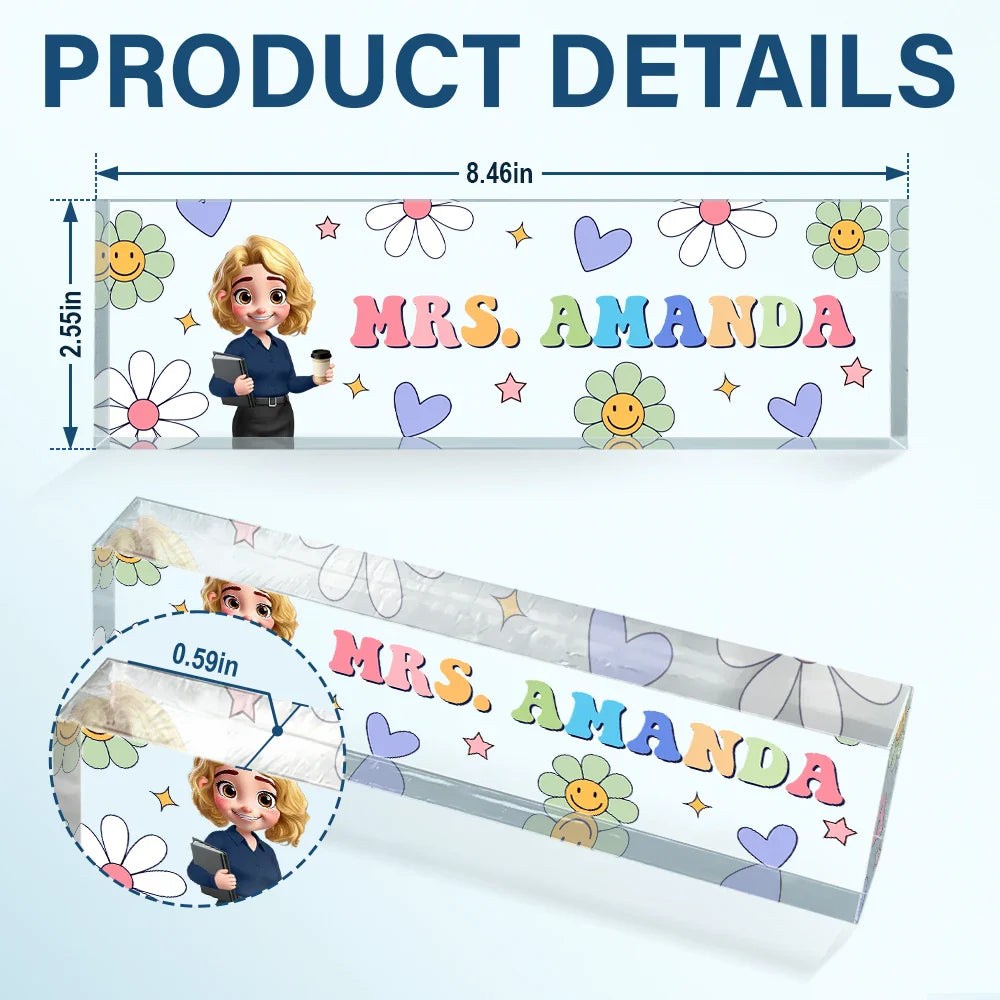 Teacher,Gift For Women,Happy,Back To School - Text Pattern Groovy Retro Teacher Name - Personalized Desk Name Plate