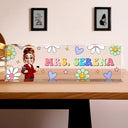 Teacher,Gift For Women,Happy,Back To School - Text Pattern Groovy Retro Teacher Name - Personalized Desk Name Plate