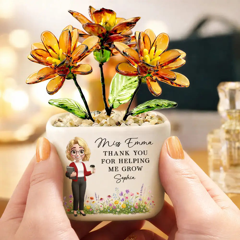 Back To School,Teacher,Grateful,Vector - Thank You Teacher For Helping Me Grow - Personalized Glass Flower Plant Pot