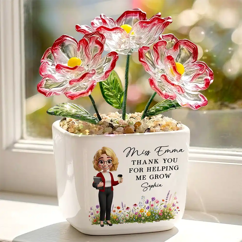 Back To School,Teacher,Grateful,Vector - Thank You Teacher For Helping Me Grow - Personalized Glass Flower Plant Pot