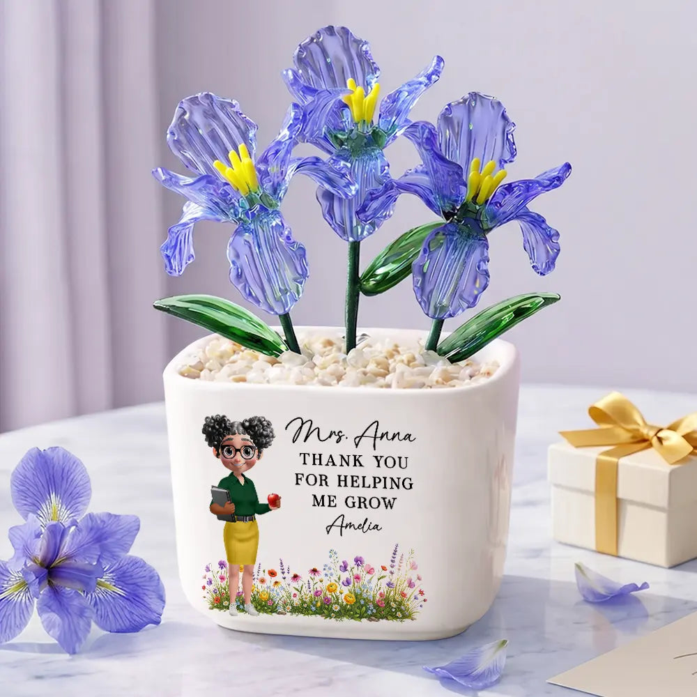 Thank You Teacher For Helping Me Grow - Personalized Glass Flower Plant Pot