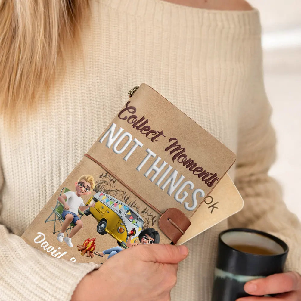 Camping,Gift For Couples,Happy - The Adventure Book 3D Effect Camping Couple Camper - Personalized Leather Vintage Journal