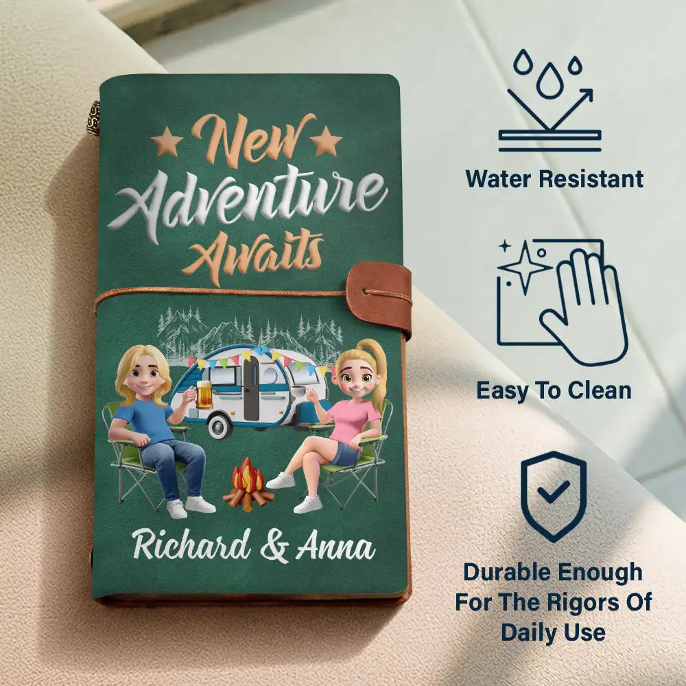 Camping,Gift For Couples,Happy - The Adventure Book 3D Effect Camping Couple Camper - Personalized Leather Vintage Journal