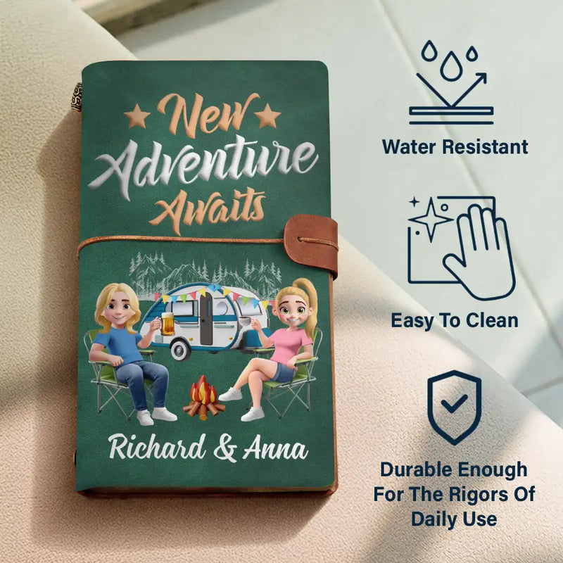 Camping,Gift For Couples,Happy - The Adventure Book 3D Effect Camping Couple Camper - Personalized Leather Vintage Journal