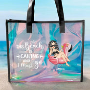 Gift For Yourself, Gift For Women, Beach, Summer, Travel, Happy - The Beach Is Calling And I Must Go - Personalized Holographic Tote