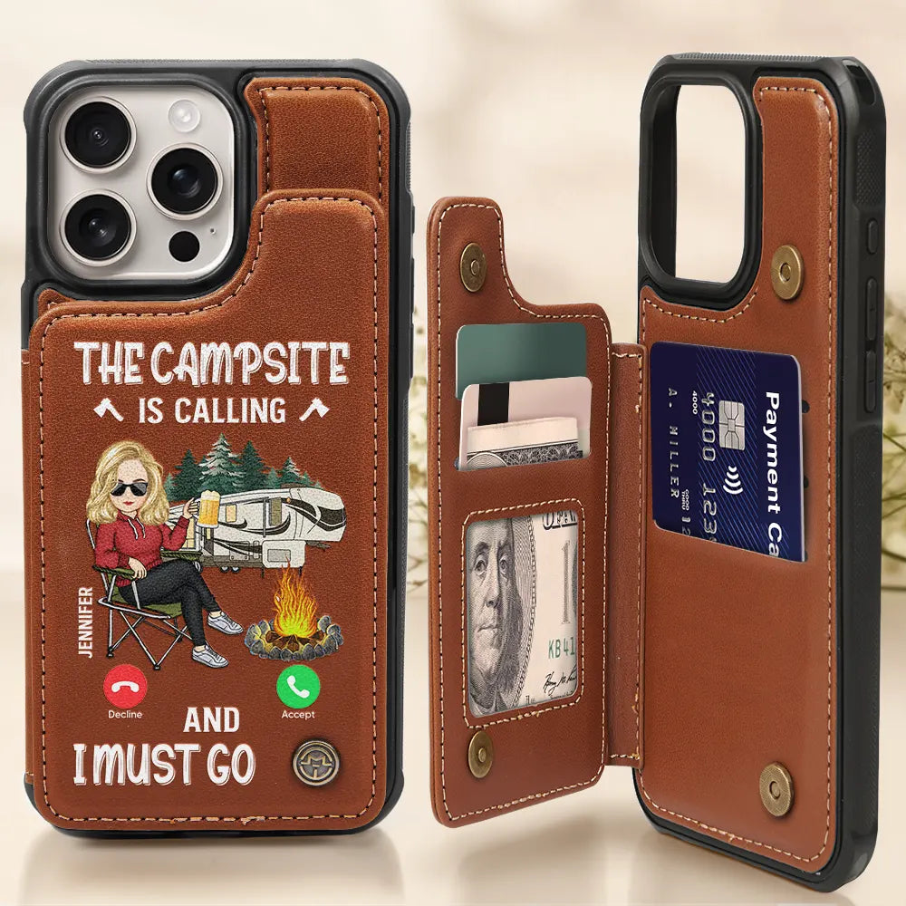 Gift For Yourself, Camping - The Campsite Is Calling - Personalized Leather Flip Wallet Phone Case